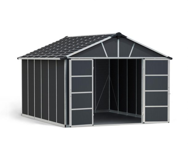 Large Plastic Storage Shed With Floor, Yukon 11 ft. x 13.1 ft. Dark Grey Polycarbonate Panels And Aluminium Frame