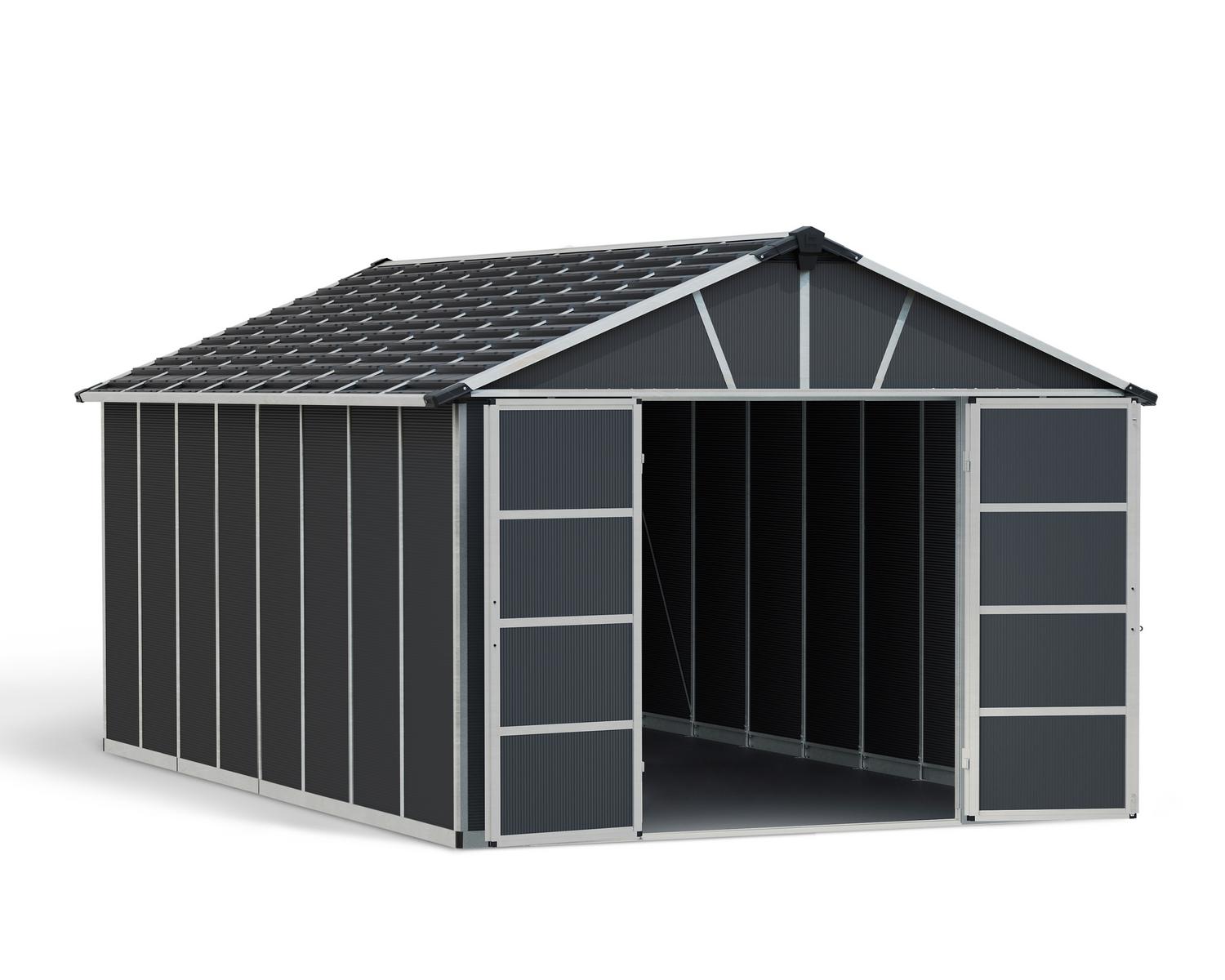 Large Plastic Storage Shed With Floor, Yukon 11 ft. x 17.2 ft. Dark Grey Polycarbonate Panels And Aluminium Frame