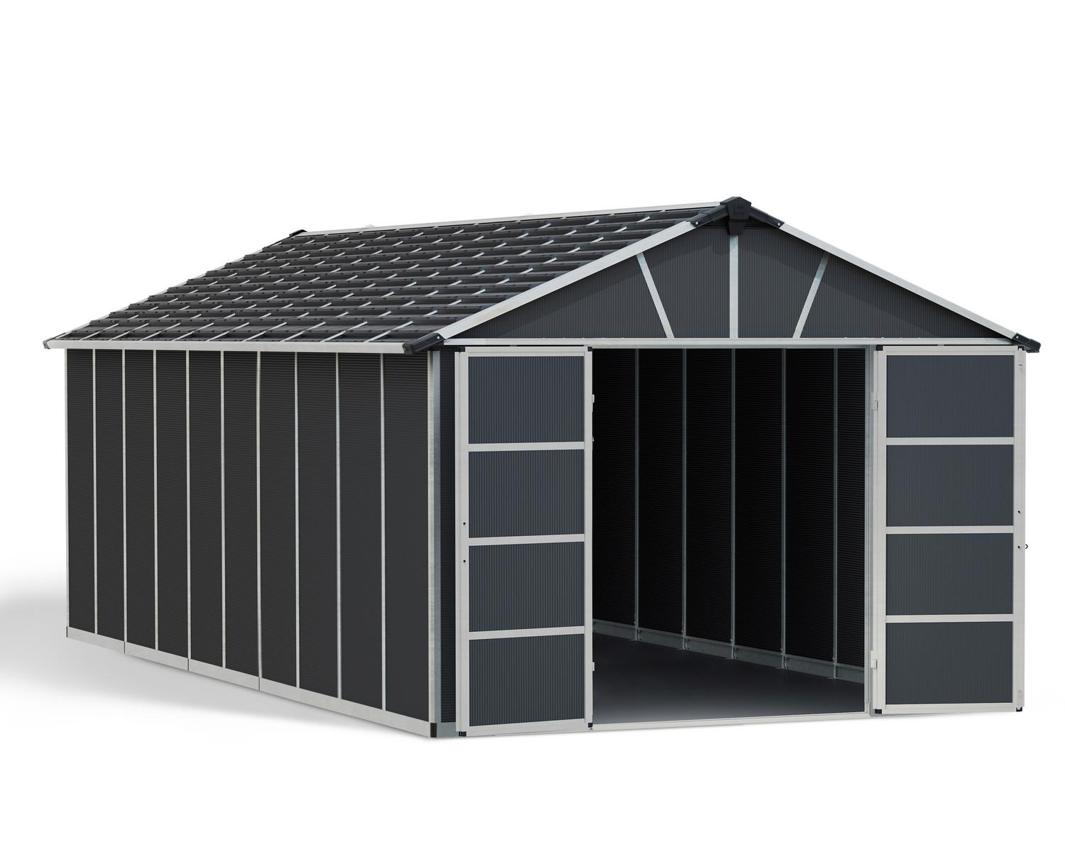 Large Plastic Storage Shed With Floor, Yukon 11 ft. x 21.3 ft. Dark Grey Polycarbonate Panels And Aluminium Frame