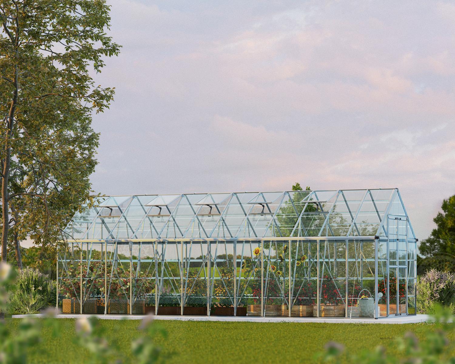 Greenhouse Snap & Grow 8 ft. x 24 ft. Silver Structure & Clear Panels on a lawn side view