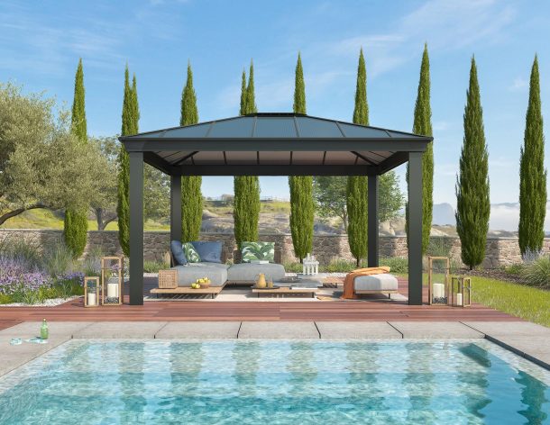 Poolside 11 ft x 13 ft aluminium gazebo with garden furniture