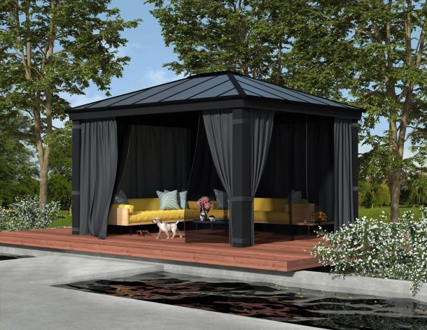Garden gazebo grey aluminum with polycarbonate roof panels, Mosquito Netting and Privacy Curtain on a patio with garden furniture