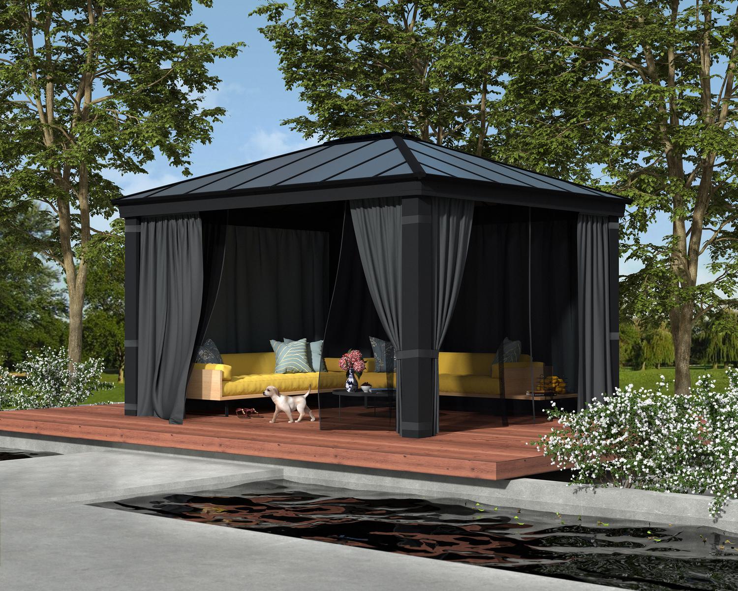 Garden gazebo grey aluminum with polycarbonate roof panels, Mosquito Netting and Privacy Curtain on a patio with garden furniture