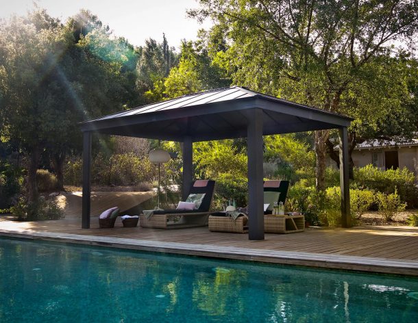 Poolside aluminium gazebo 11' x 15' with garden furniture