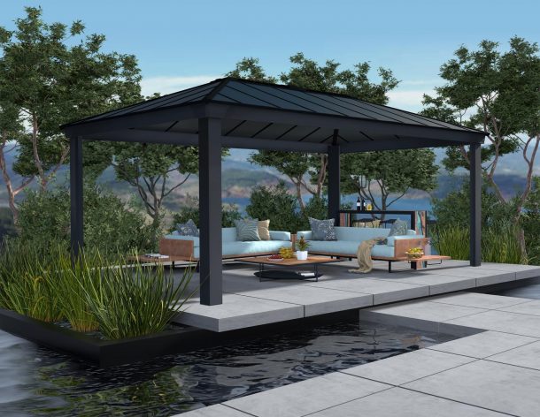 garden gazebo with polycarbonate roof panels on a concrete patio with garden furniture
