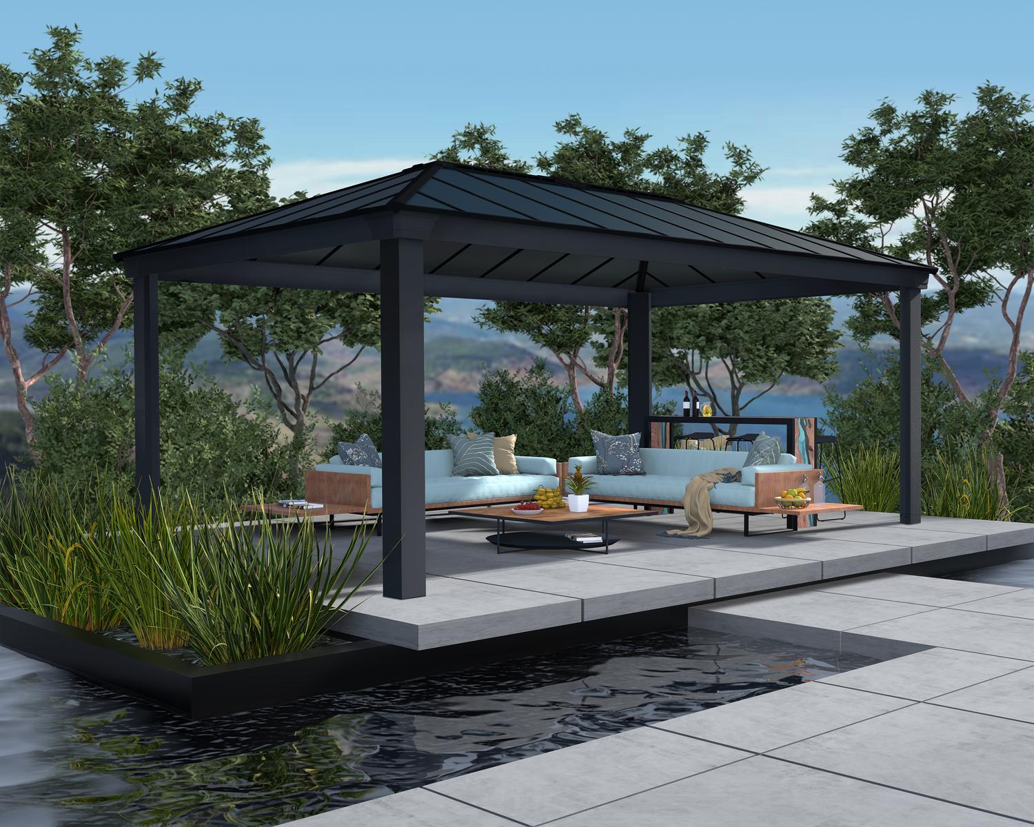 garden gazebo with polycarbonate roof panels on a concrete patio with garden furniture