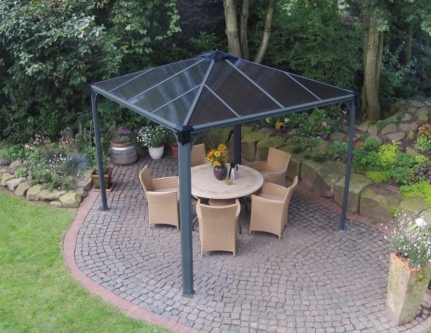 Palermo 10'x10' Garden gazebo grey aluminum with polycarbonate roof panels on a patio with dining furniture