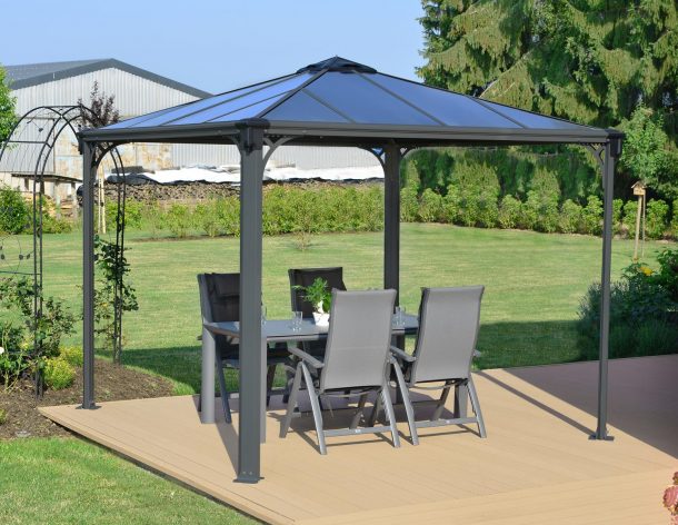 Palermo 10'x10' gazebo grey aluminum with polycarbonate roof panels on a deck patio with garden furniture