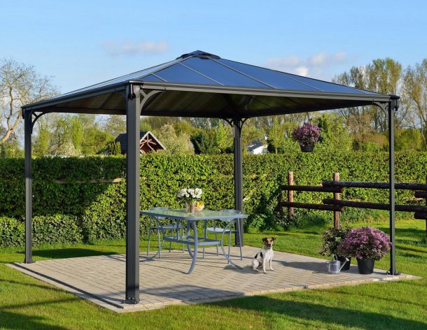 Palermo 12'x12' Garden gazebo grey aluminum with polycarbonate roof panels on a patio with garden dining furniture
