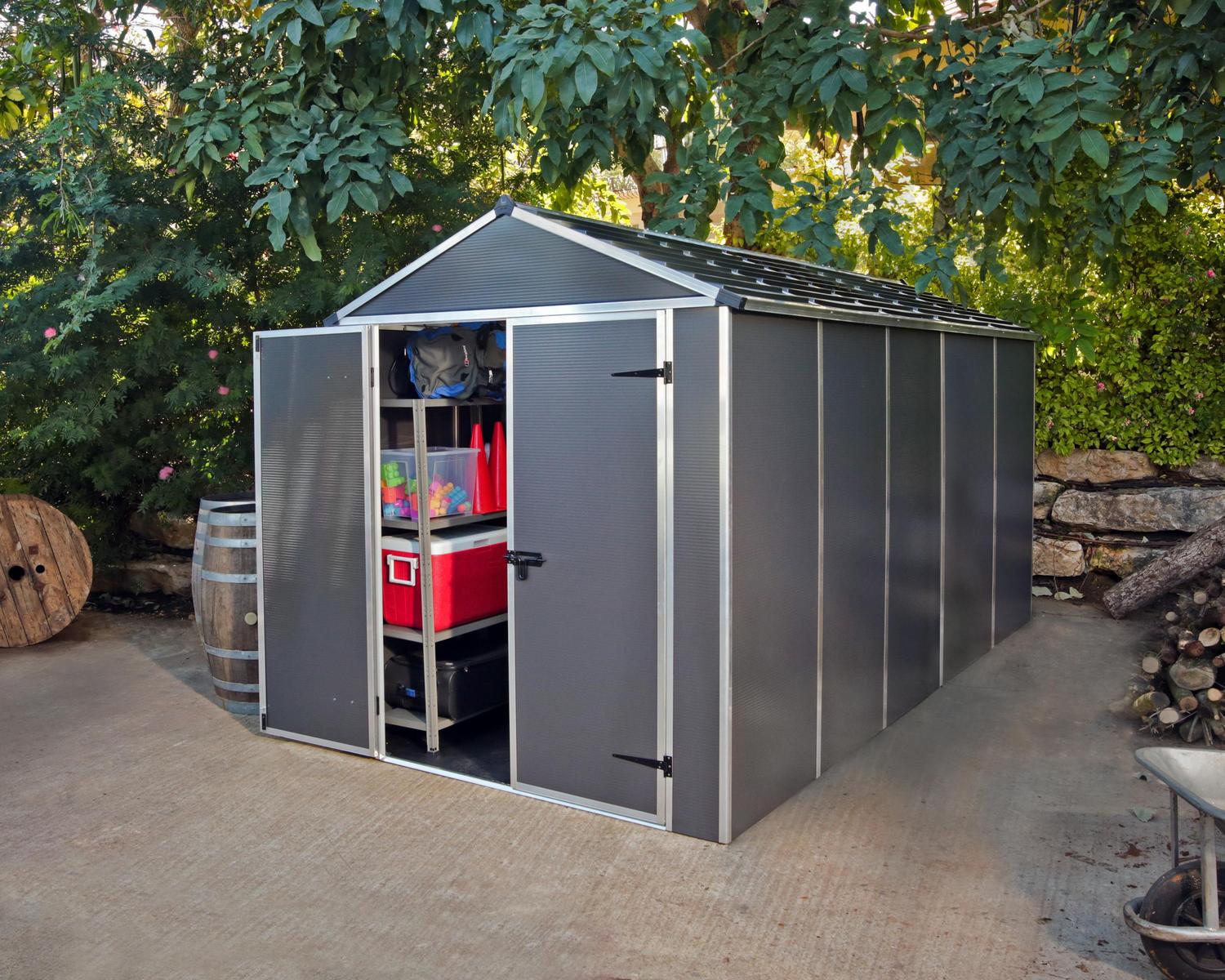 Rubicon 6' x 12' Plastic Garden Shed with Open Doors Dark Grey Polycarbonate Walls and Aluminium Frame