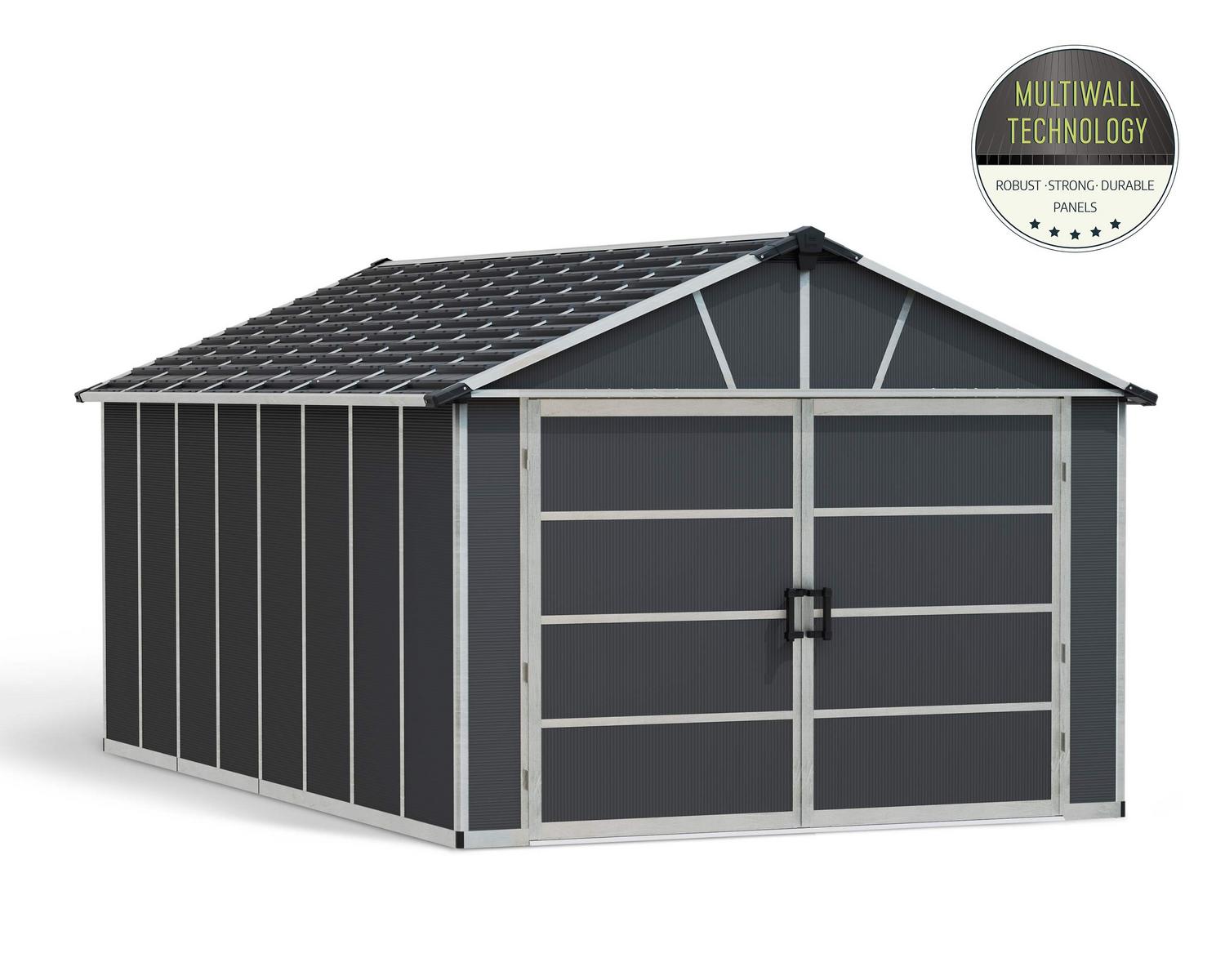 Plastic Garage Shed with Double Door Yukon 11 ft. x 17.2 ft. Dark Grey Polycarbonate Multiwall and Aluminum Frame