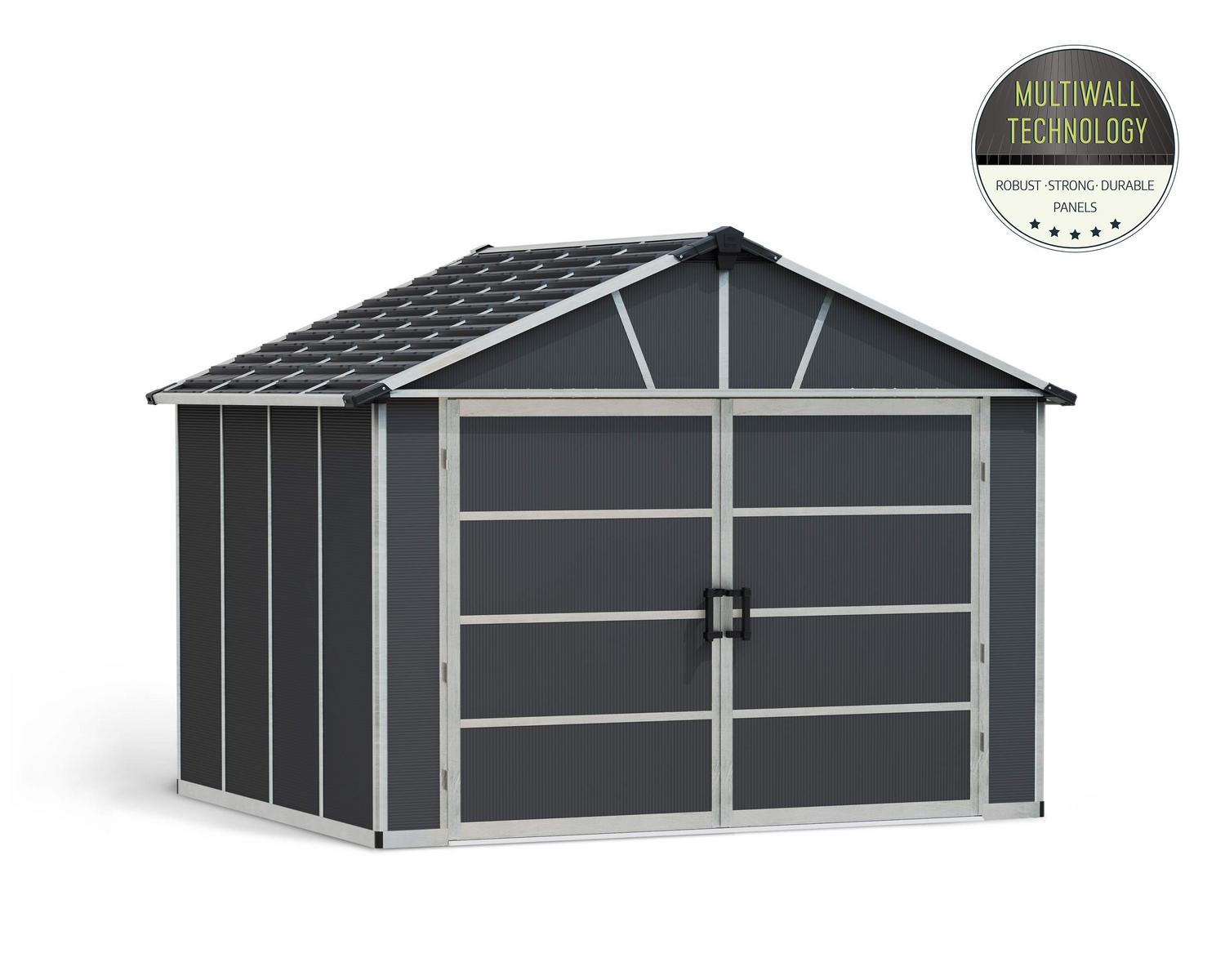 Plastic Garage Shed with Double Door Yukon 11 ft. x 9 ft. Dark Grey Polycarbonate Multiwall and Aluminum Frame