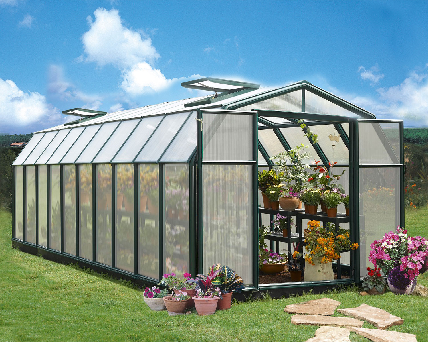 Greenhouse Hobby Gardener 8' x 20' Green Structure & Twinwall Glazing