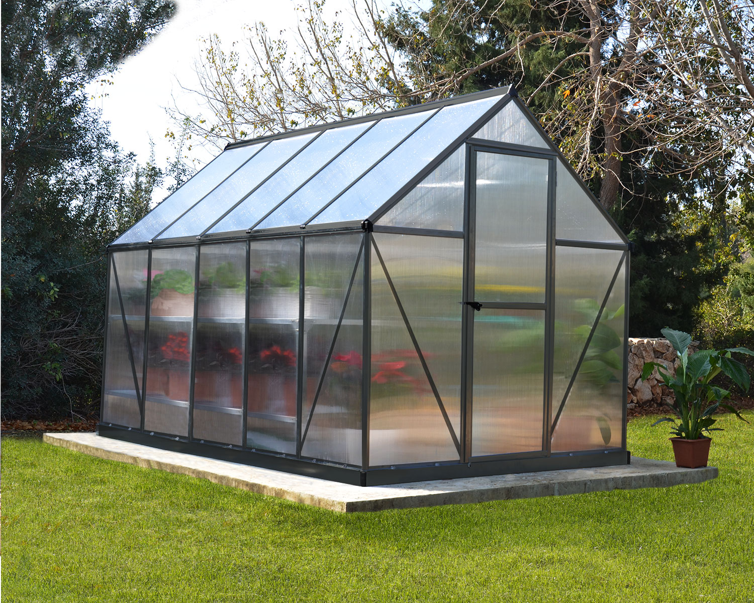 Greenhouse Mythos 6' x 10' Grey Structure & Twinwall Panels on beckyard lawn