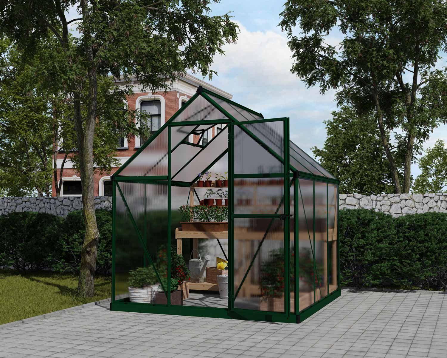 Greenhouse Mythos 6' x 6' Green Structure & Twinwall Panels outside on a lawn