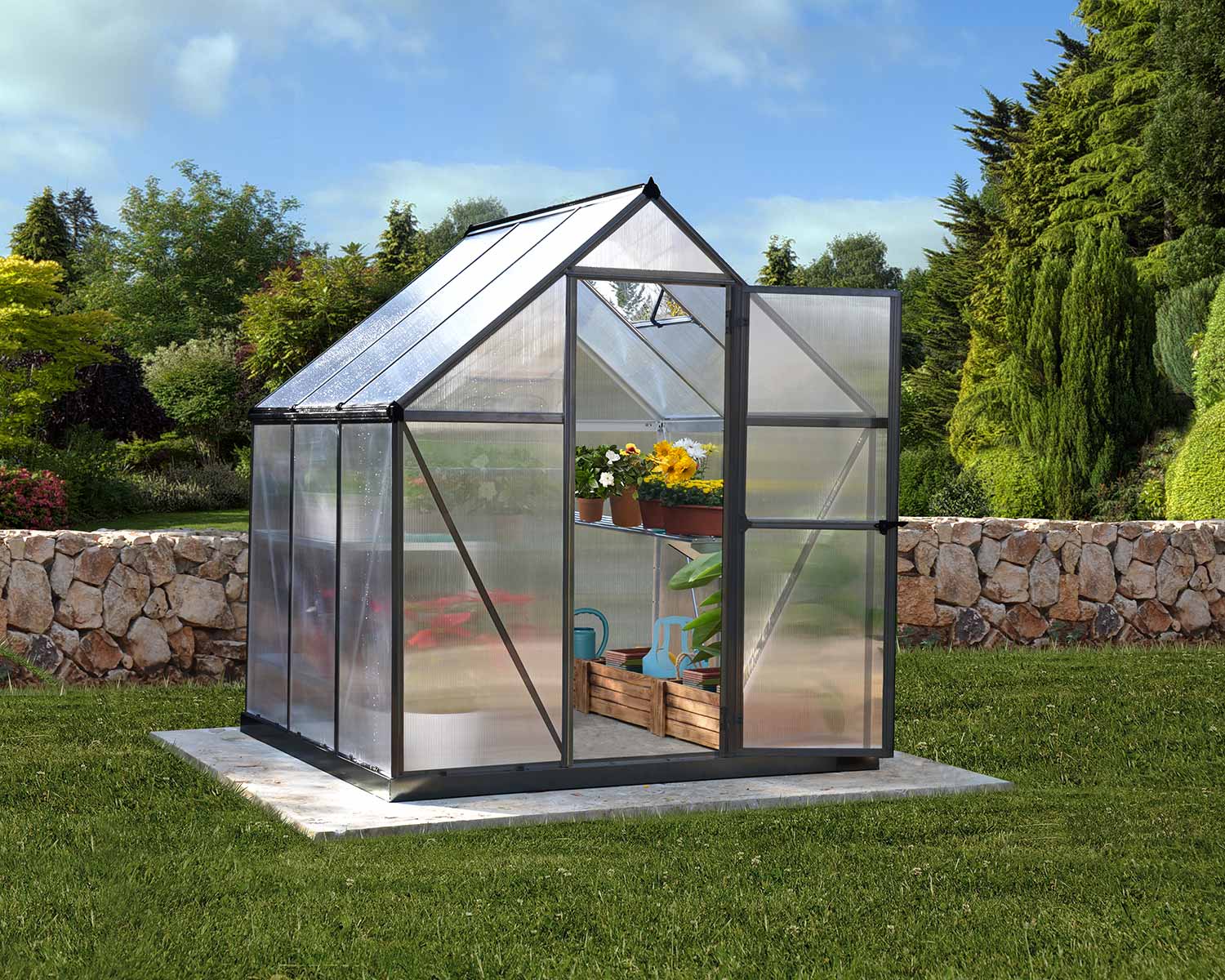 Greenhouse Mythos 6' x 6' Grey Structure & Twinwall Panels outside on a lawn
