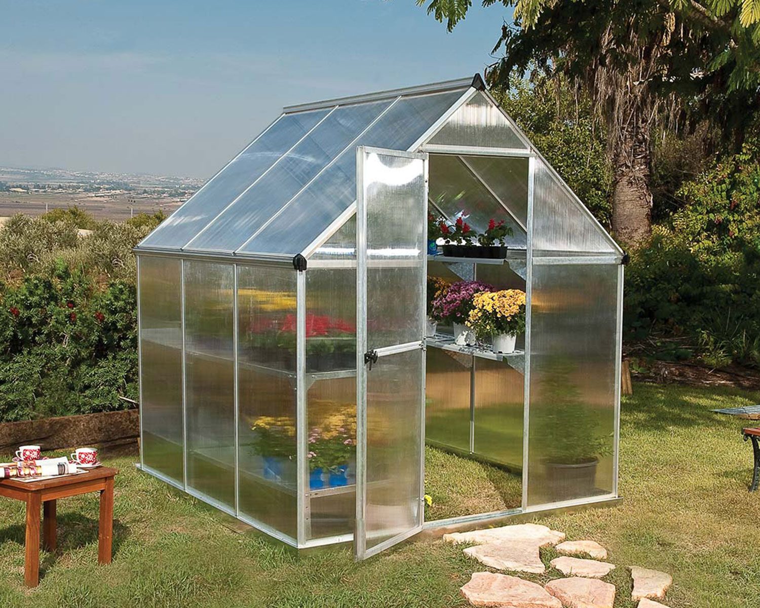 Greenhouse Mythos 6' x 6' Silver Structure & Twinwall Panels outside on a lawn