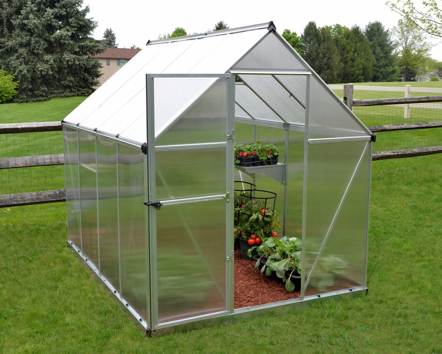 Mythos 6' x 8' Greenhouse Silver Structure & Twinwall Panels Outside on a Lawn