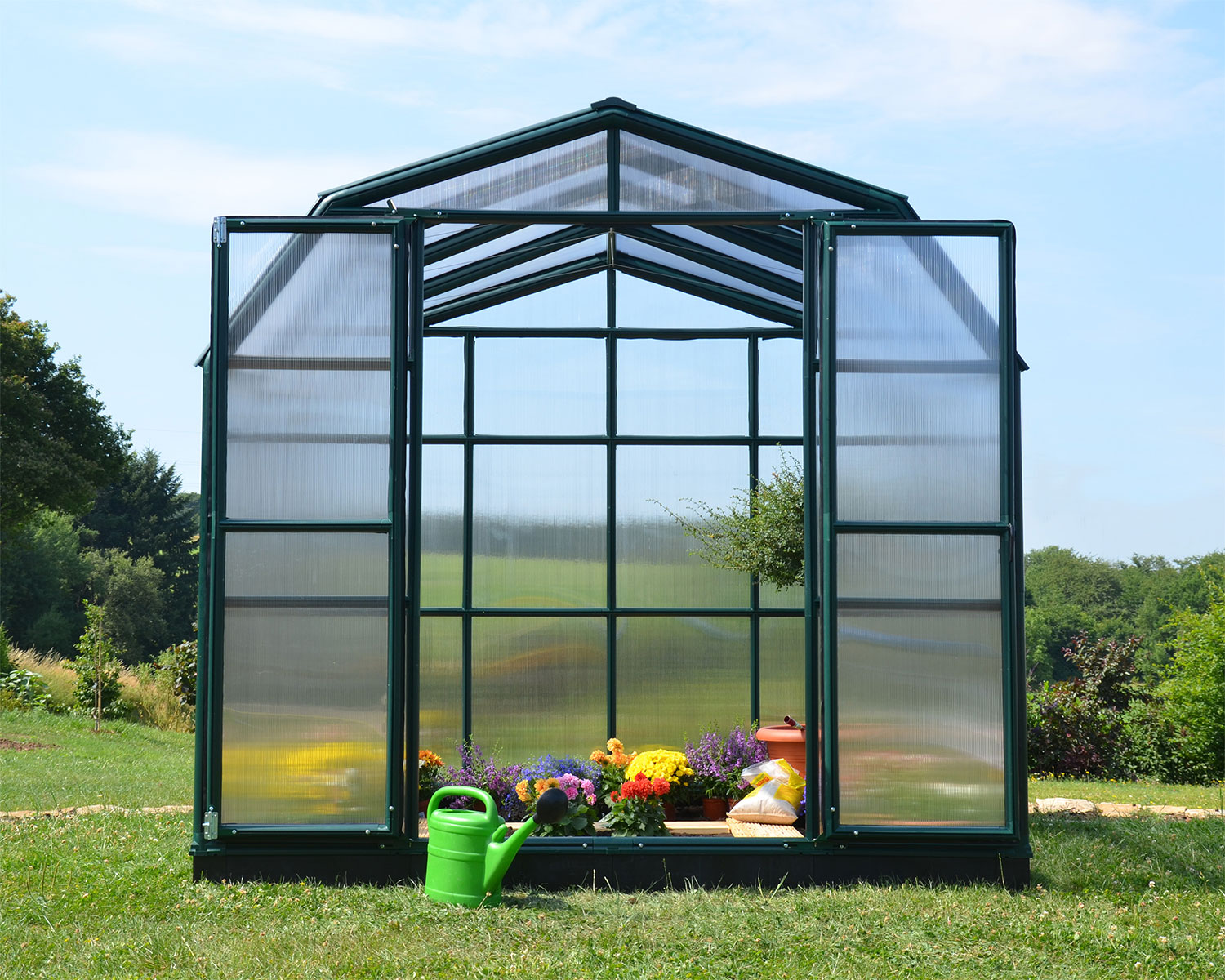 Greenhouse Prestige 8 ft. x 8 ft. Green Structure & Twin Wall Panels open door front view