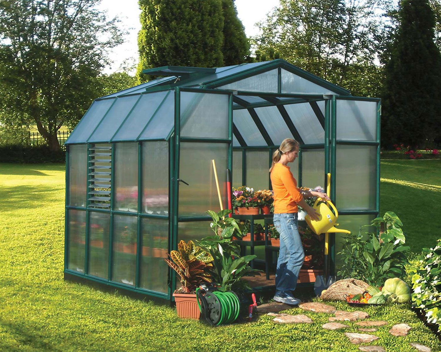 Prestige 8 ft. x 8 ft. Greenhouse Green Structure & Twin Wall Panels growing plants