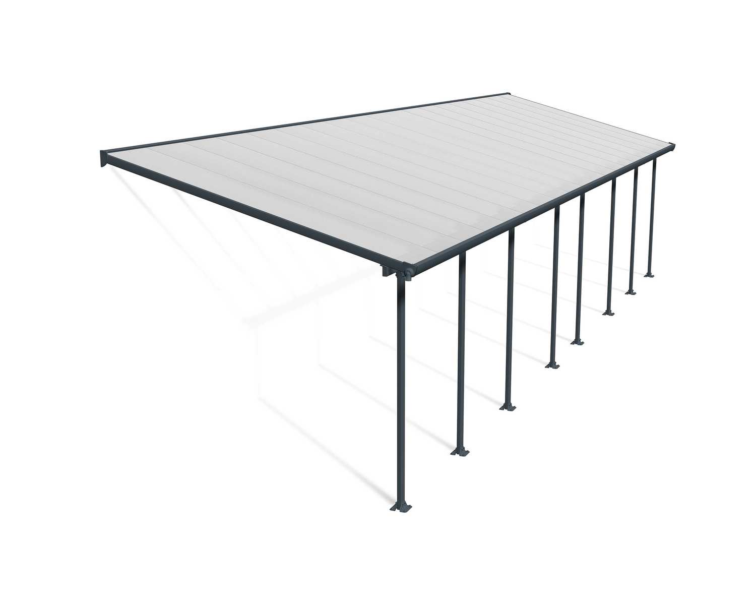 Feria 10 ft. x 34 ft. Grey Aluminium Patio Cover With 8 Posts, Clear Twin-Wall Polycarbonate Roof Panels.