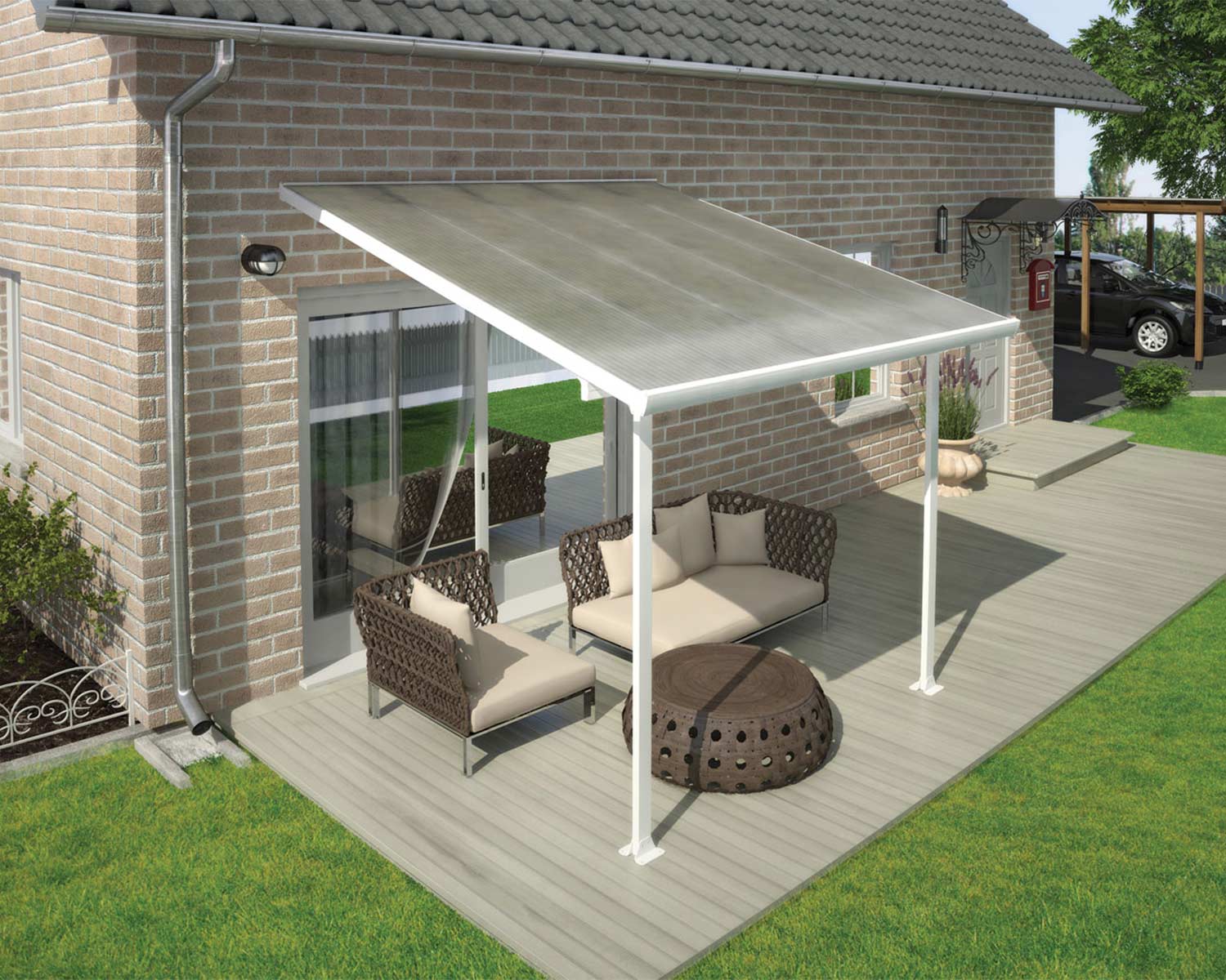 Feria 10 ft. x 10 ft. White Aluminium Patio Cover with 2 Posts and Clear Polycarbonate Roof Panels Attached to House that Covers Patio Outdoor Furniture