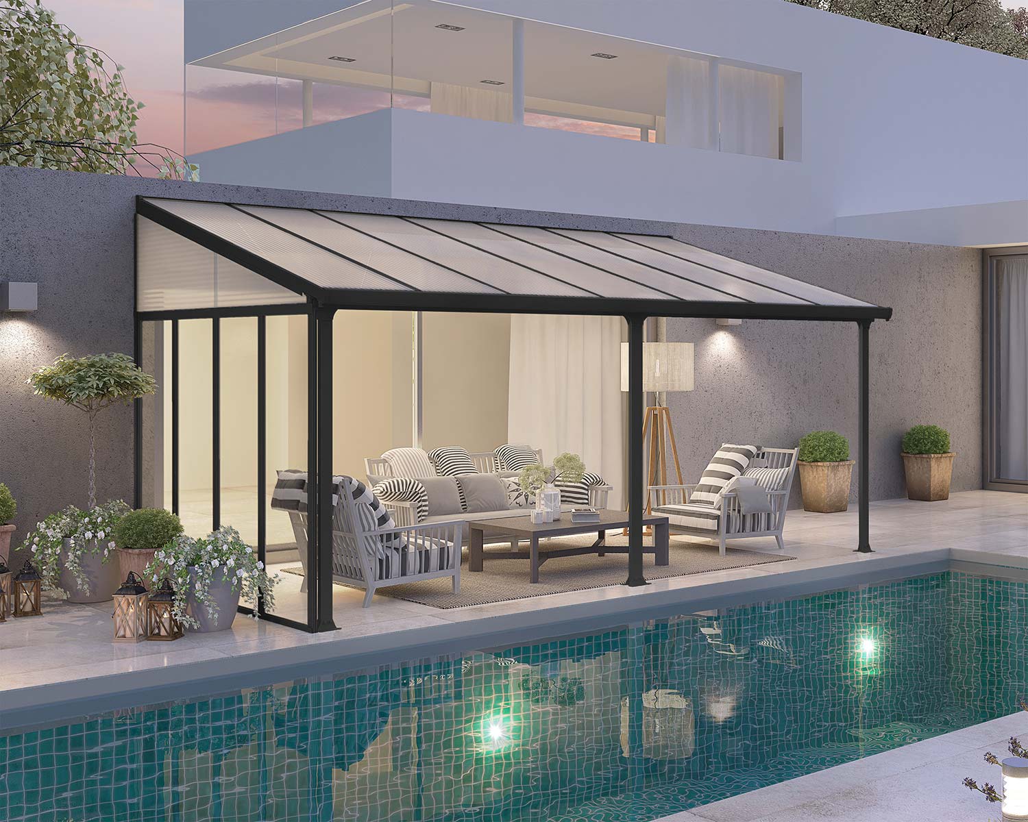 Grey Aluminium Patio Cover 10 ft. x 14 ft. Attached to House Next to Pool Patio with Side Walls and Polycarbonate Roof Panels. Covers Patio Outdoor Furniture