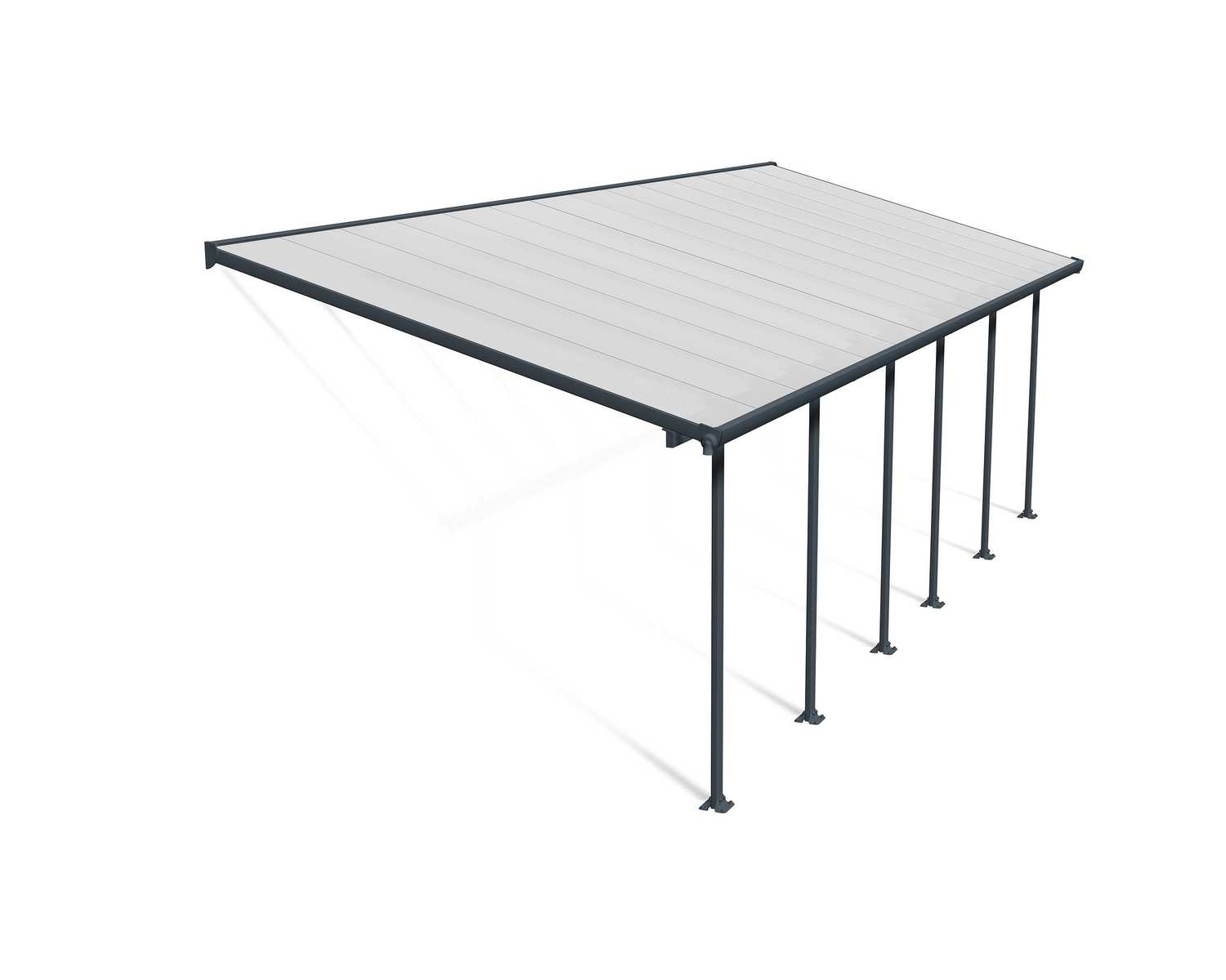 Feria 10 ft. x 28 ft. Grey Aluminium Patio Cover With 6 Posts, Clear Twin-Wall Polycarbonate Roof Panels.