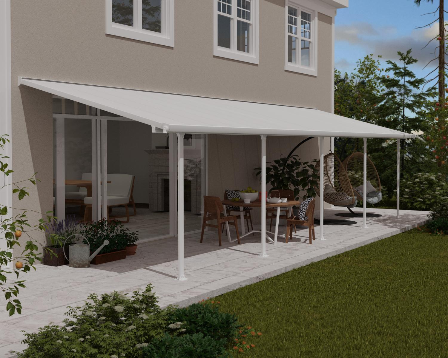 Aluminium White Patio Cover 10 ft. x 32 ft. with polycarbonate roof panels, attached to the patio house to protect on garden furniture