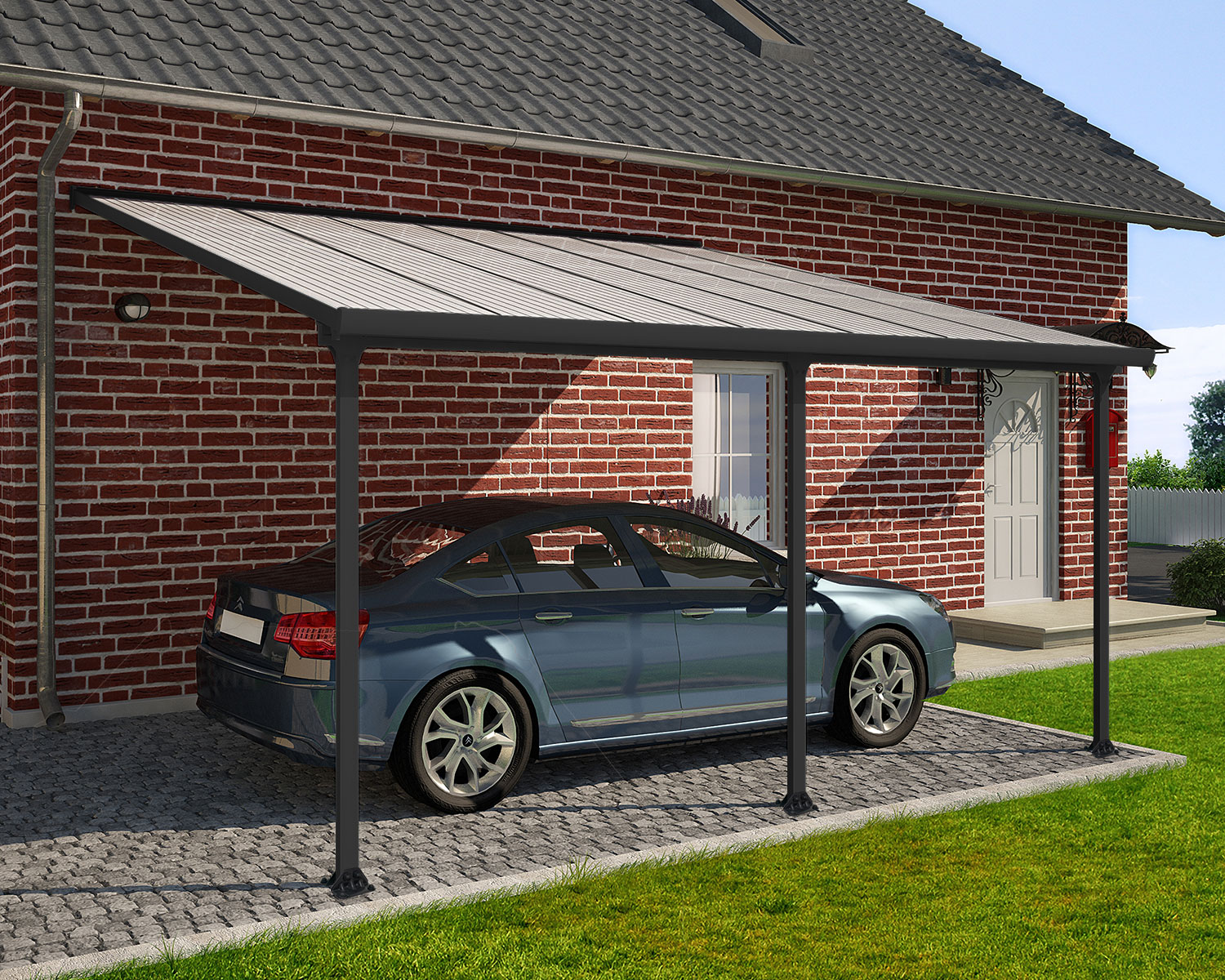 Blue car is covered by an grey lean to carport 13 ft. x 14 ft. attached to the house