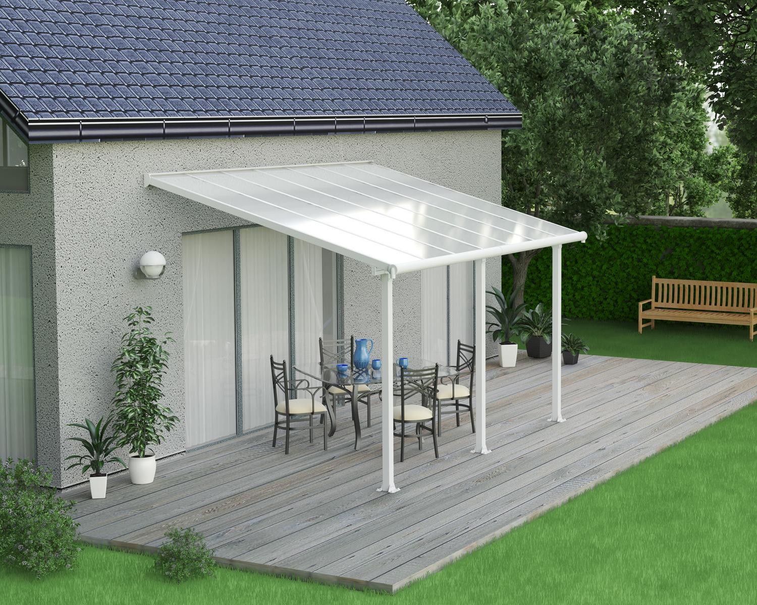White Aluminium Patio Cover with Clear twin-wall polycarbonate roof panels on Deck Patio protect garden furniture