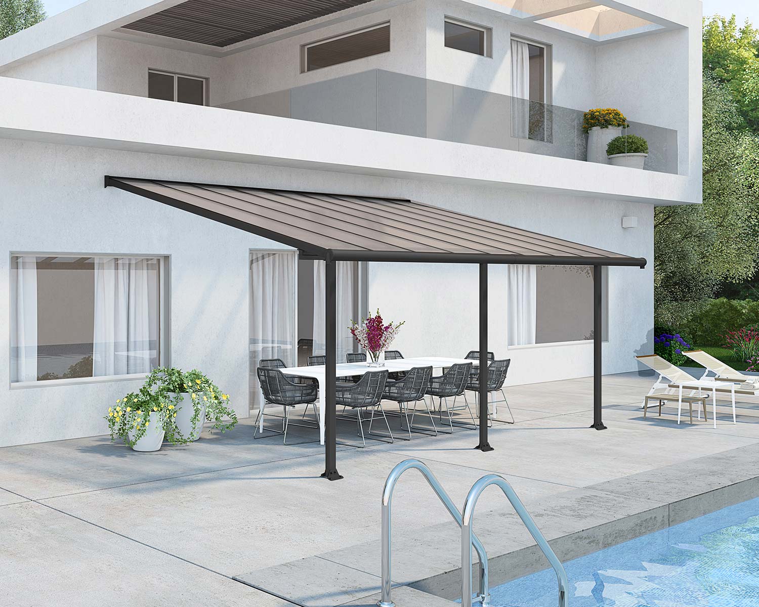 Grey Aluminium Patio Cover With Bronze-tinted twin-wall polycarbonate roof panels on Beside Pool Patio protect garden furniture