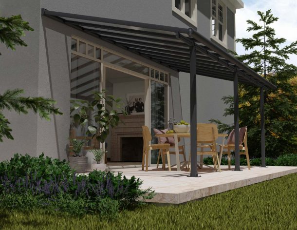 Grey Aluminium Patio Cover with Clear twin-wall polycarbonate roof panels protect garden furniture