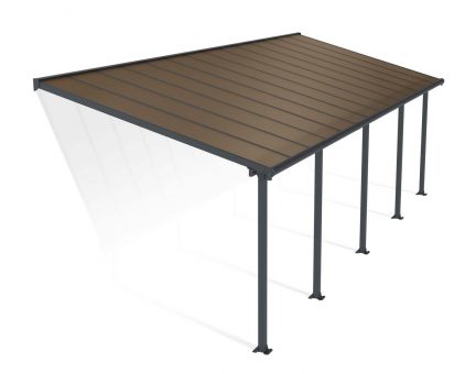 Olympia 10 ft. x 28 ft. Grey Aluminium Patio Cover With 5 Posts, Bronze Twin-Wall Polycarbonate Roof Panels