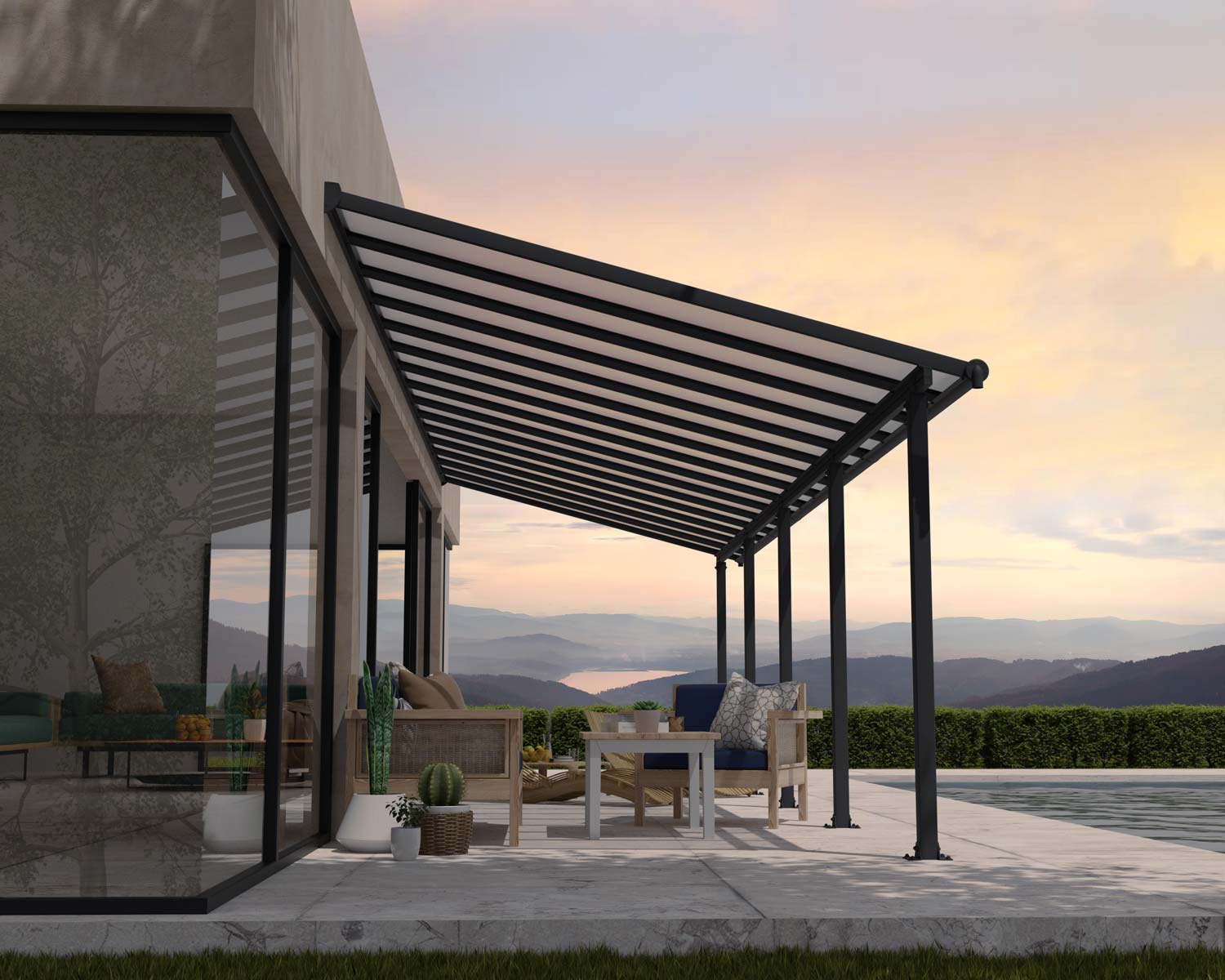 Grey Aluminium Patio Cover With Clear twin-wall polycarbonate roof panels