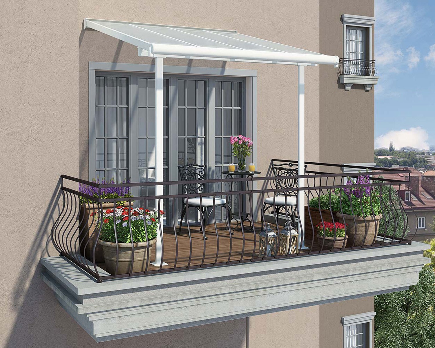 White Aluminium Patio Cover with Clear twin-wall polycarbonate roof panels on patio balcony