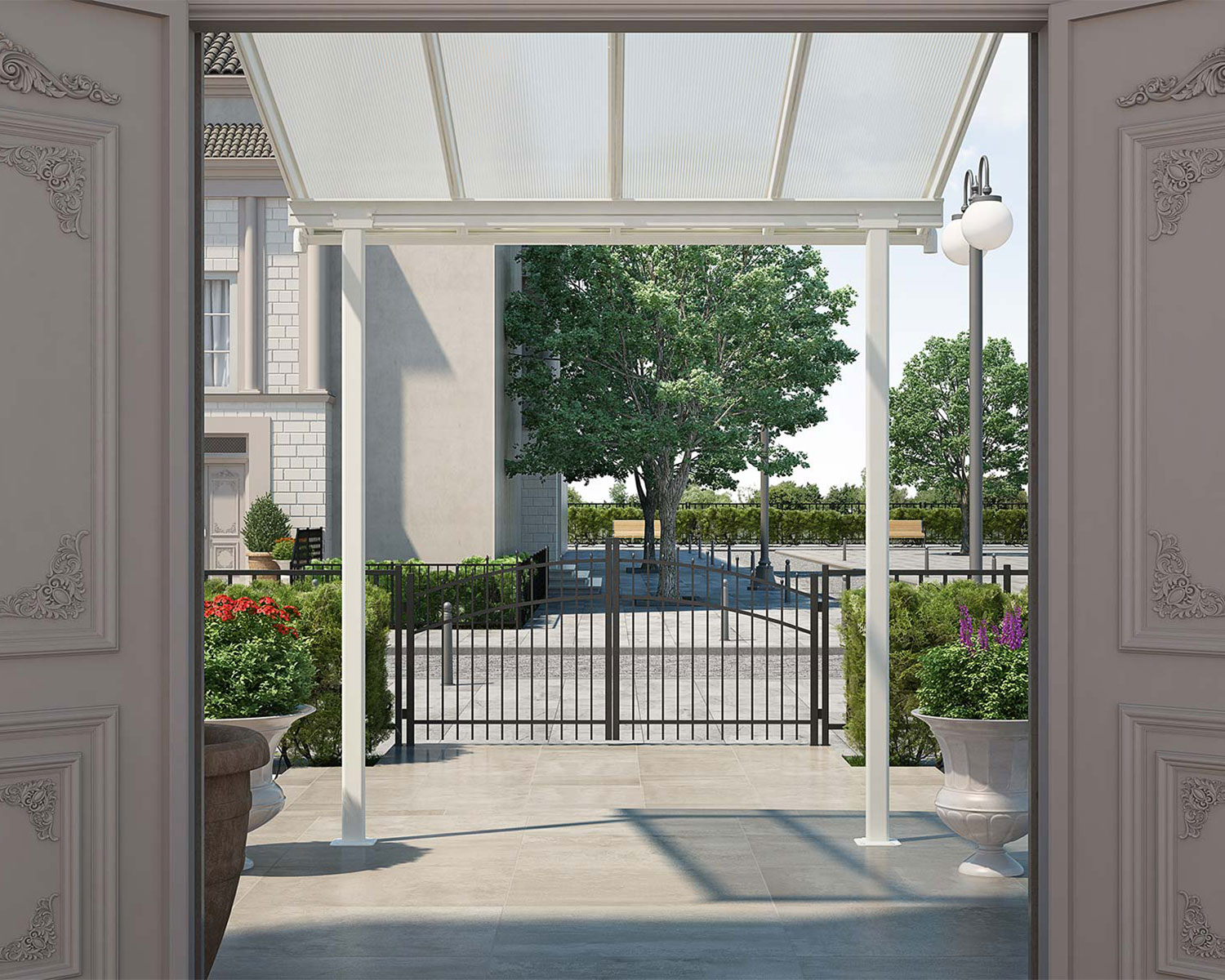 White Aluminium Patio Cover with Clear twin-wall polycarbonate roof panels in front of entry door