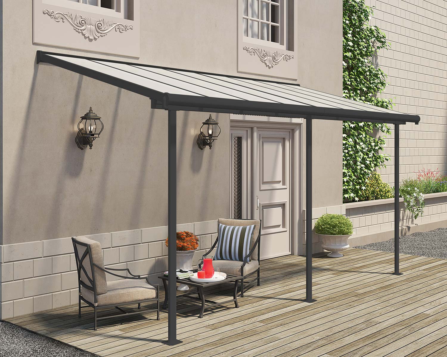 Grey Aluminium Patio Cover With Clear twin-wall polycarbonate roof panels on Deck Patio protect garden furniture