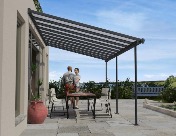 Grey Aluminium Patio Cover with Clear twin-wall polycarbonate roof panels protect garden furniture