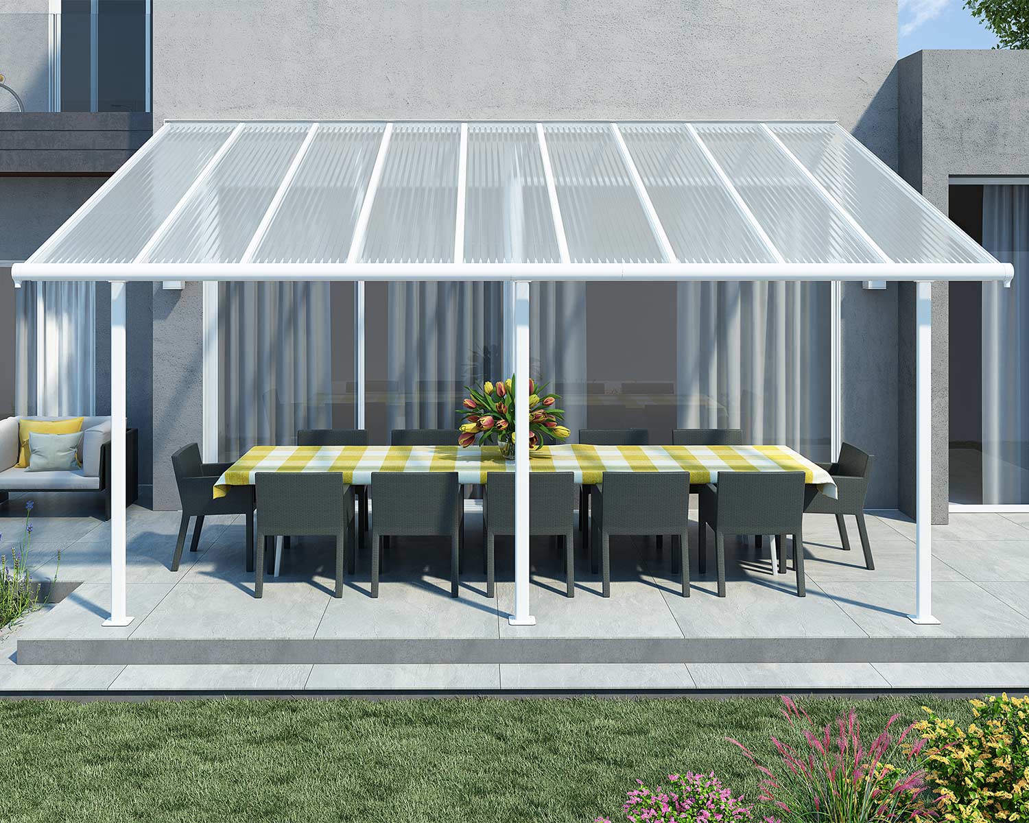 White Aluminium Patio Cover with Clear twin-wall polycarbonate roof panels protect garden furniture