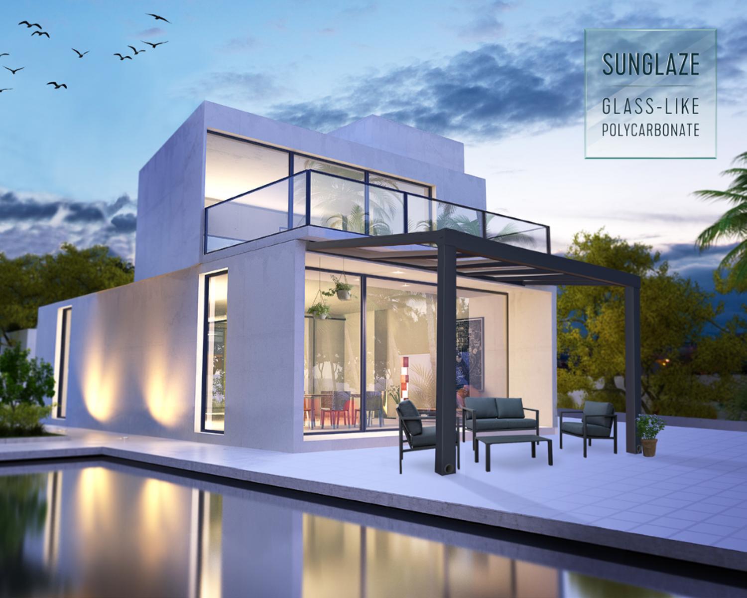 Grey Aluminium Patio Cover With Clear twin-wall polycarbonate roof panels on Beside Pool Patio protect garden furniture