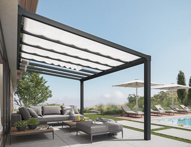 Grey Aluminium Patio Cover With Clear twin-wall polycarbonate roof panels on Beside Pool Patio protect garden furniture