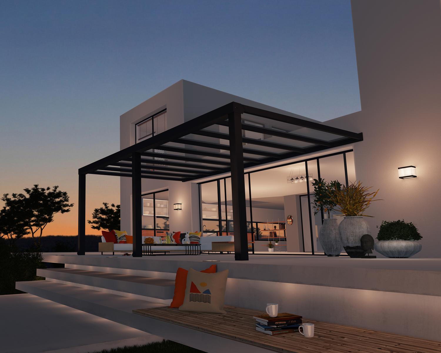 Grey Aluminium Patio Cover With Clear twin-wall polycarbonate roof panels protect garden furniture