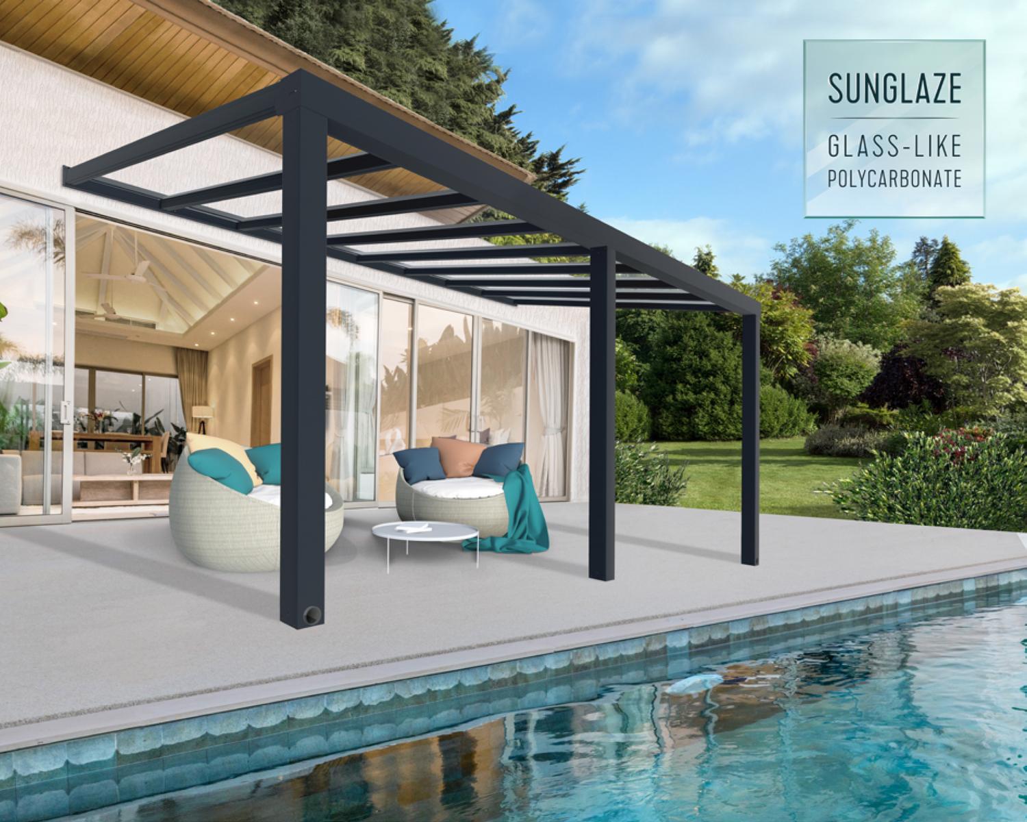 Grey Aluminium Patio Cover With Clear twin-wall polycarbonate roof panels on Beside Pool Patio protect garden furniture