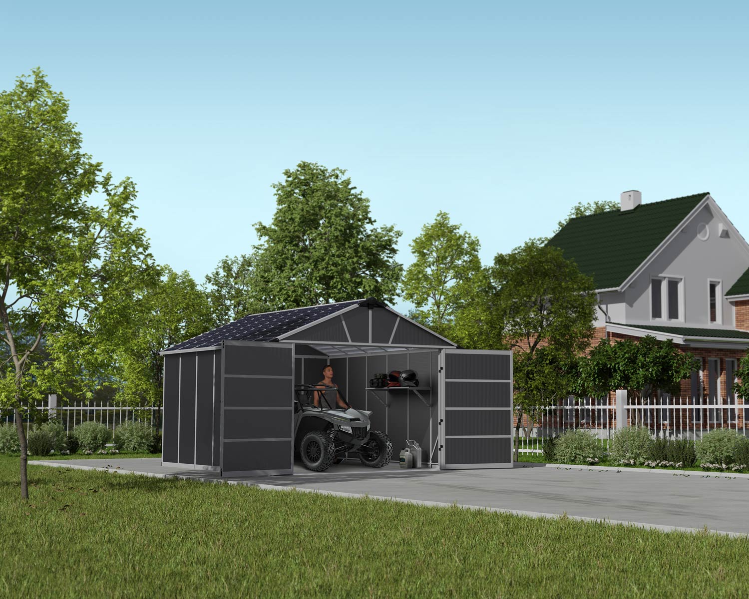 Yukon 11' x 13' Dark Grey Polycarbonate Multiwall and Aluminum Frame. ATV parked in a Plastic Garage Shed with Double Door